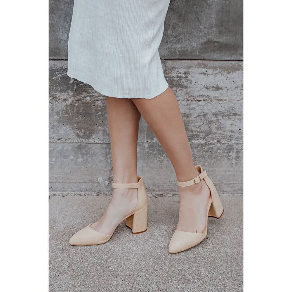 Lulus Ellarose Light Nude Suede Ankle Strap Heels Beige - Size 5.5